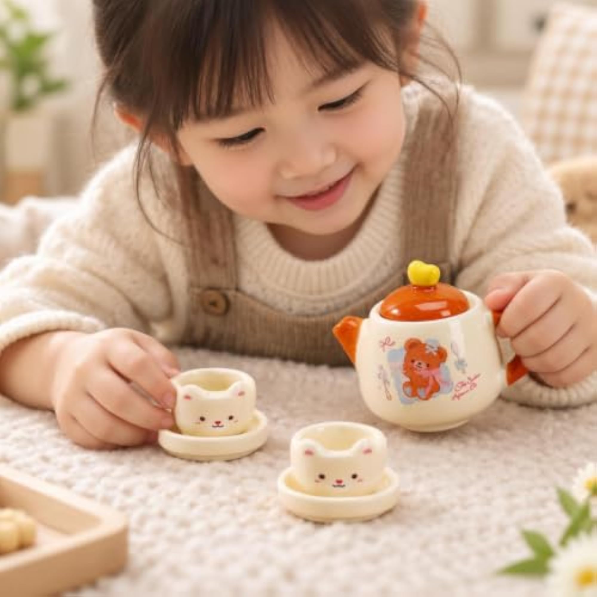 Bear-Themed Miniature Tea Set with Animal-Face Cups, Cute Collectors Gift